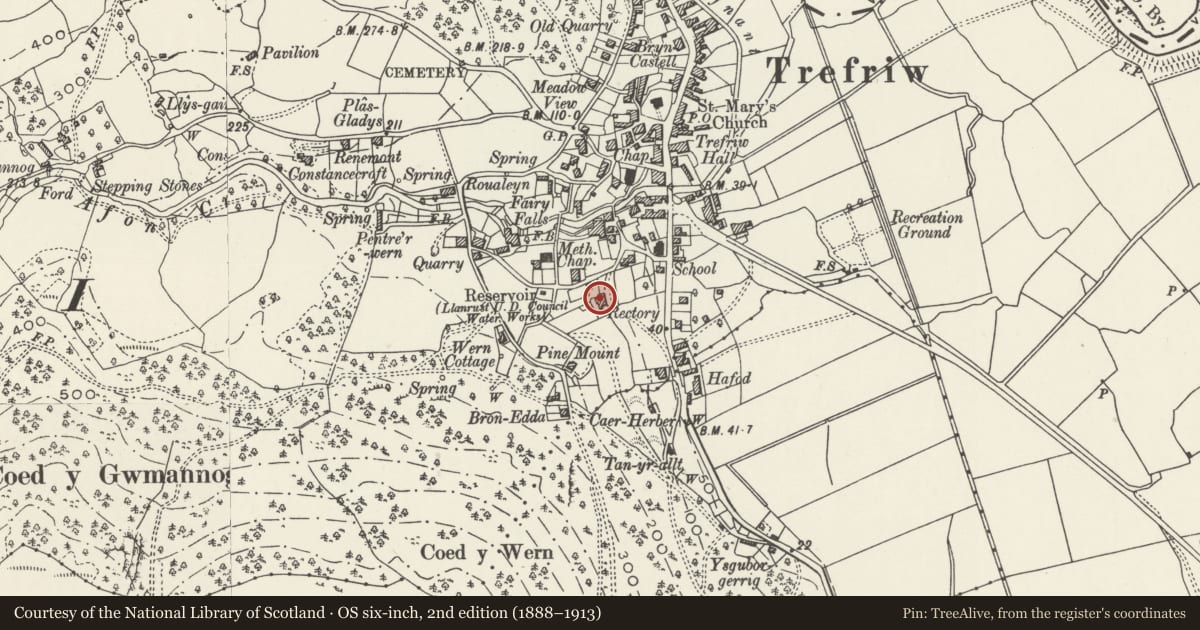 Ordnance Survey six-inch map, 2nd edition (1888–1913) covering the location of The Old Rectory, Trefriw, Conwy, with a pin at the register's coordinates