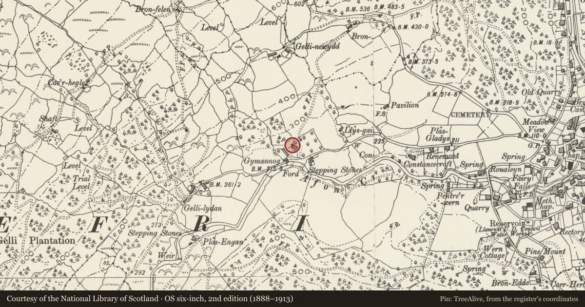 Ordnance Survey six-inch map, 2nd edition (1888–1913) covering the location of Cwmannog Farmhouse AKA Gymmannog, Trefriw, Conwy, with a pin at the register's coordinates