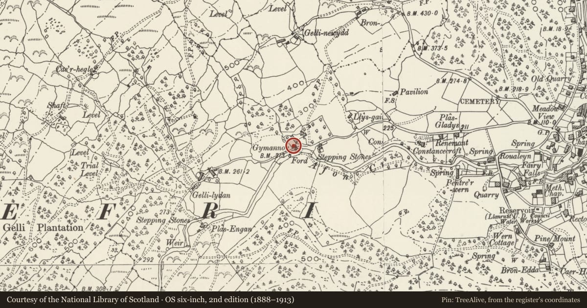 Ordnance Survey six-inch map, 2nd edition (1888–1913) covering the location of Chaff mill and carthouse at Cwmannog, Trefriw, Conwy, with a pin at the register's coordinates