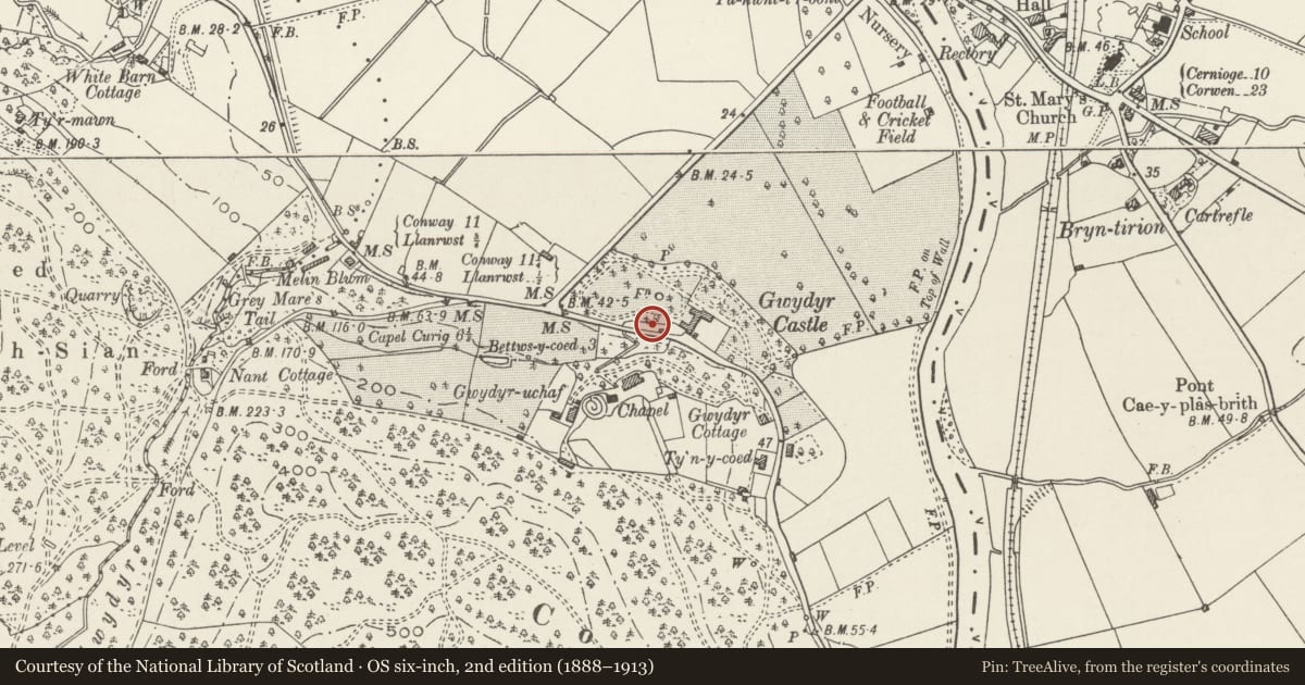 Ordnance Survey six-inch map, 2nd edition (1888–1913) covering the location of Former Coachhouse at Gwydir Castle including associated wall and entrance arch adjoining to the E, Trefriw, Conwy, with a pin at the register's coordinates