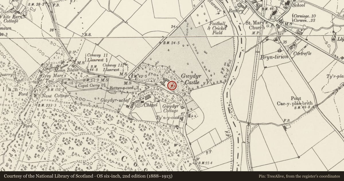 Ordnance Survey six-inch map, 2nd edition (1888–1913) covering the location of Knot-garden arch at Gwydir Castle with associated courtyard walls, Trefriw, Conwy, with a pin at the register's coordinates