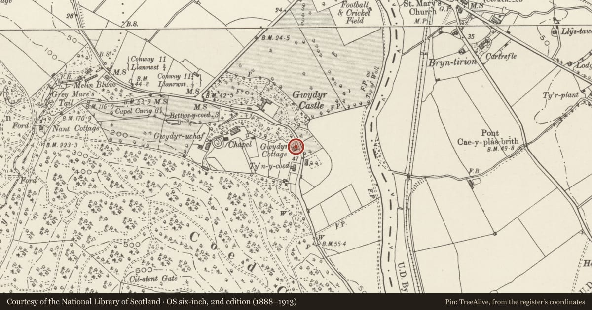 Ordnance Survey six-inch map, 2nd edition (1888–1913) covering the location of Gwydir Cottage, Trefriw, Conwy, with a pin at the register's coordinates