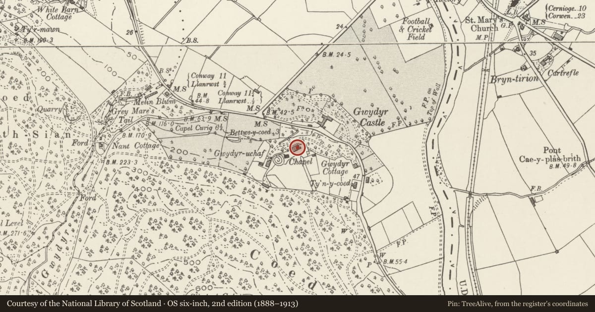 Ordnance Survey six-inch map, 2nd edition (1888–1913) covering the location of Gwydir Uchaf, Trefriw, Conwy, with a pin at the register's coordinates