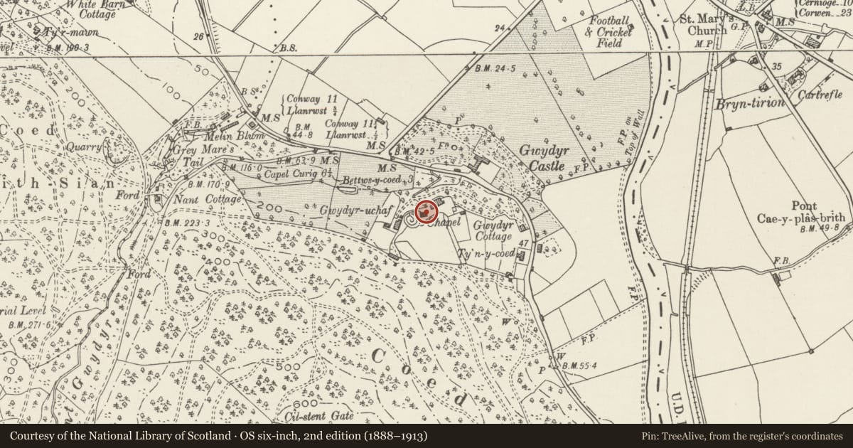 Ordnance Survey six-inch map, 2nd edition (1888–1913) covering the location of Gwydir Uchaf Chapel, Trefriw, Conwy, with a pin at the register's coordinates