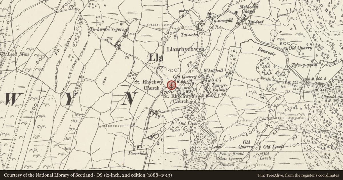Ordnance Survey six-inch map, 2nd edition (1888–1913) covering the location of Lychgate at Llanrhychwyn Church, Trefriw, Conwy, with a pin at the register's coordinates
