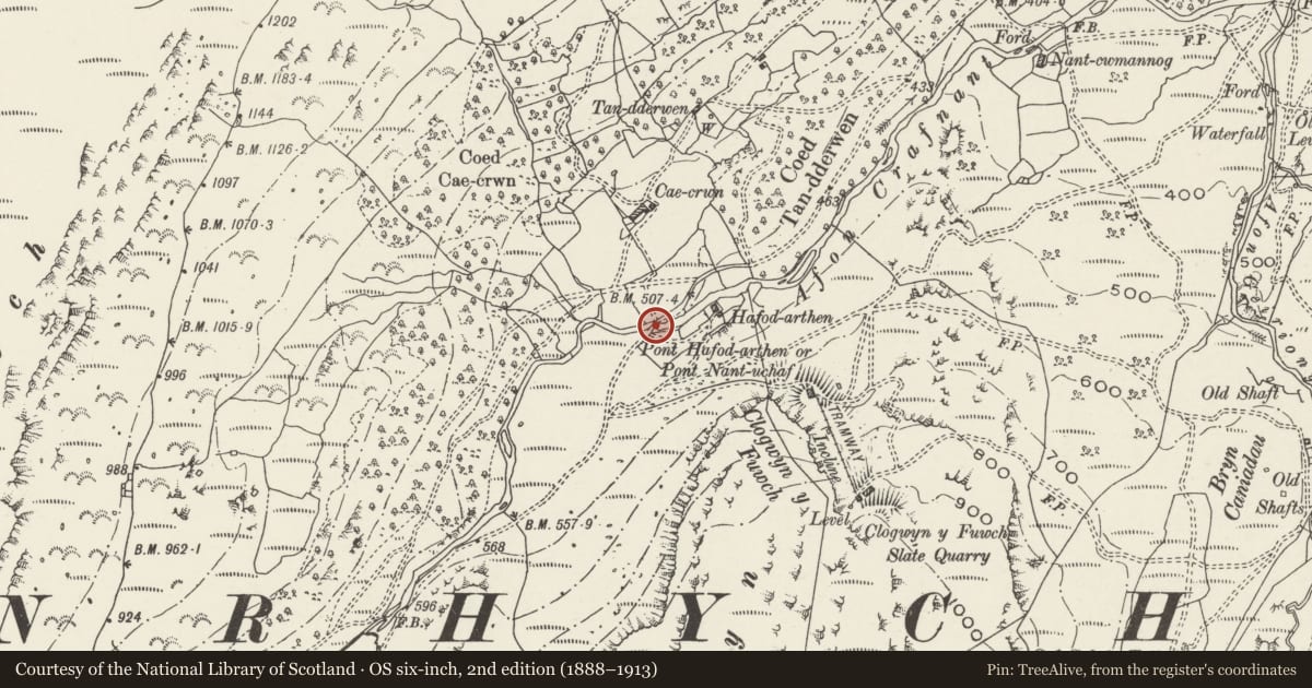 Ordnance Survey six-inch map, 2nd edition (1888–1913) covering the location of Pont Hafod Arthen, Trefriw, Conwy, with a pin at the register's coordinates