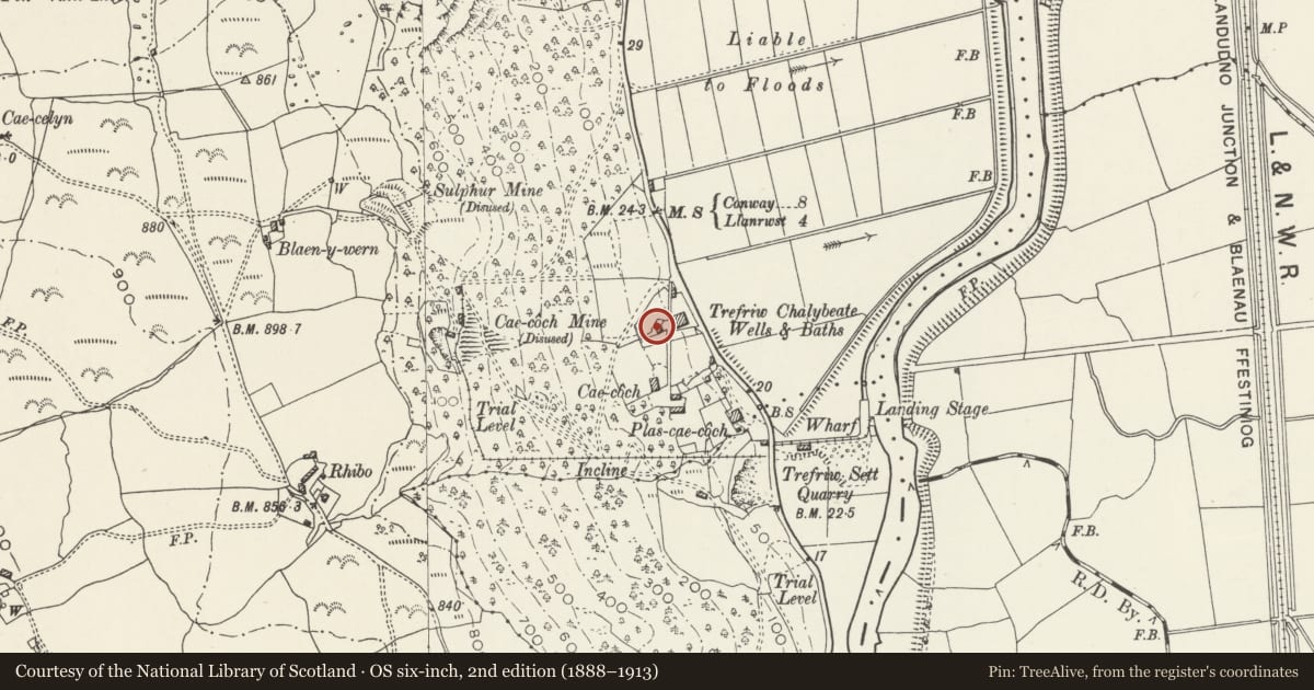Ordnance Survey six-inch map, 2nd edition (1888–1913) covering the location of Old Bath House at Trefriw Wells, Conwy, with a pin at the register's coordinates
