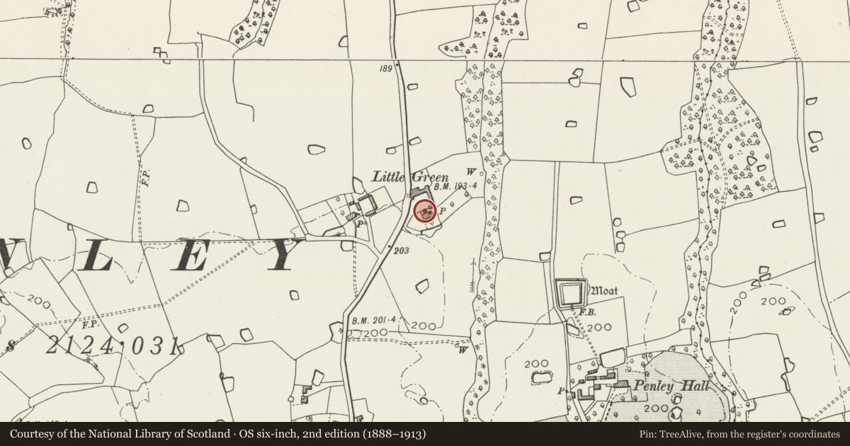 Ordnance Survey six-inch map, 2nd edition (1888–1913) covering the location of Lane Farmhouse, Maelor South, Wrexham, with a pin at the register's coordinates