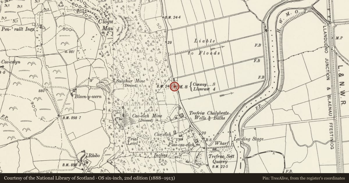 Ordnance Survey six-inch map, 2nd edition (1888–1913) covering the location of Milestone, Trefriw, Conwy, with a pin at the register's coordinates