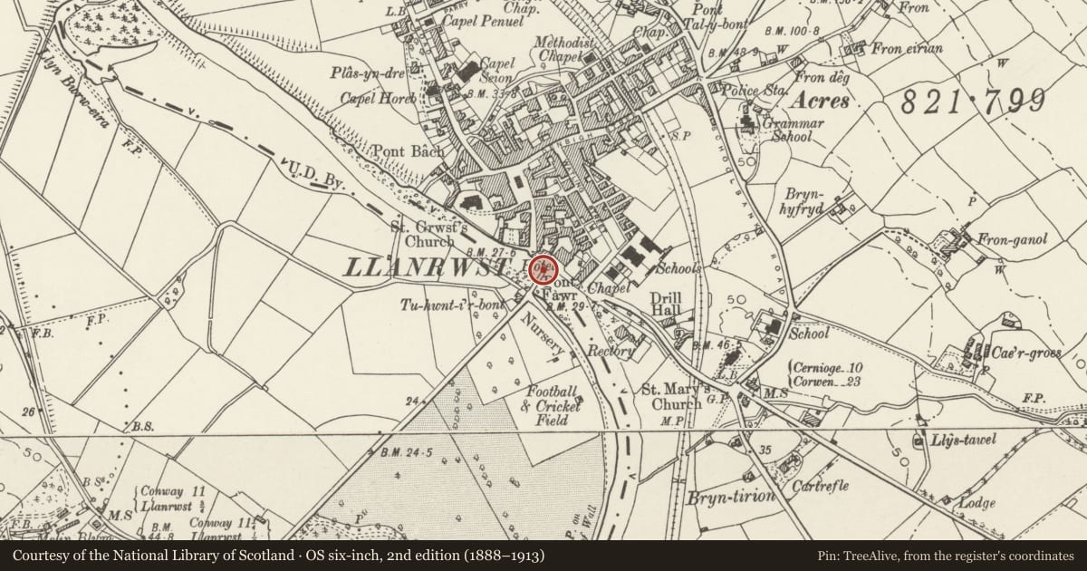 Ordnance Survey six-inch map, 2nd edition (1888–1913) covering the location of Pont Fawr, Llanrwst, Conwy, with a pin at the register's coordinates