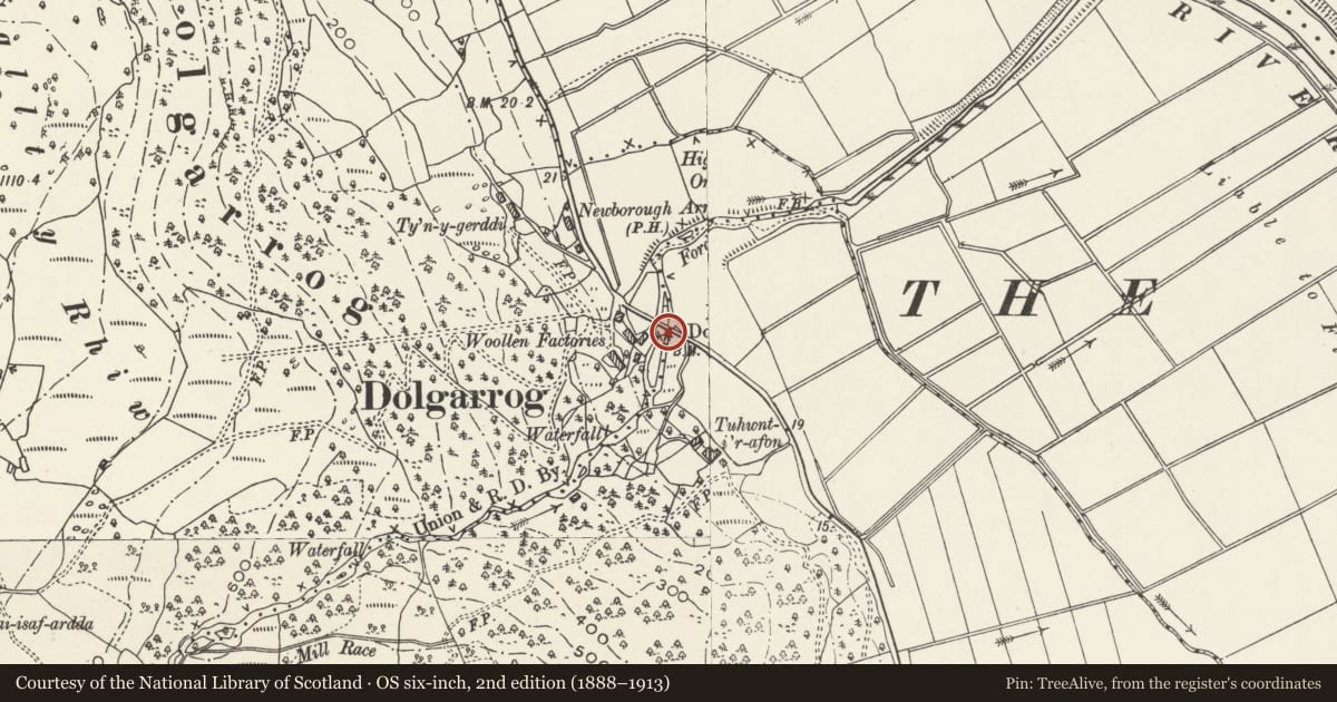 Ordnance Survey six-inch map, 2nd edition (1888–1913) covering the location of Pont Dolgarrog (Listed in the resurvey of Dolgarrog Community Cadw ref No41/G/32(6), Trefriw, Conwy, with a pin at the register's coordinates
