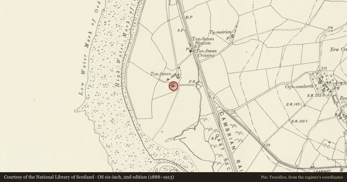 Ordnance Survey six-inch map, 2nd edition (1888–1913) covering the location of Tonfanau, Llangelynin, Gwynedd, with a pin at the register's coordinates