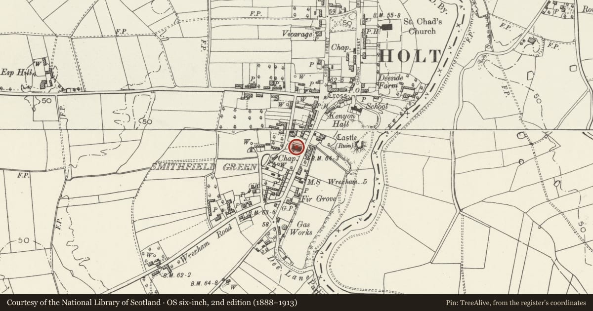 Ordnance Survey six-inch map, 2nd edition (1888–1913) covering the location of Presbyterian Church (including forecourt walls and railings), Holt, Wrexham, with a pin at the register's coordinates