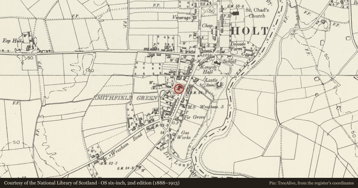 Ordnance Survey six-inch map, 2nd edition (1888–1913) covering the location of Puddleducks (including forecourt walls and railings), Holt, Wrexham, with a pin at the register's coordinates