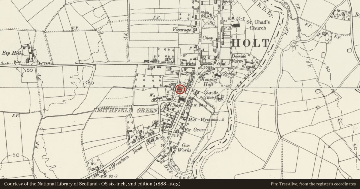 Ordnance Survey six-inch map, 2nd edition (1888–1913) covering the location of Former Baptist Chapel (including forecourt walls, gates and railings), Holt, Wrexham, with a pin at the register's coordinates
