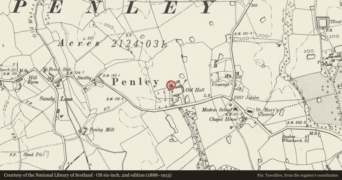 Ordnance Survey six-inch map, 2nd edition (1888–1913) covering the location of Old Hall Farmhouse, Maelor South, Wrexham, with a pin at the register's coordinates