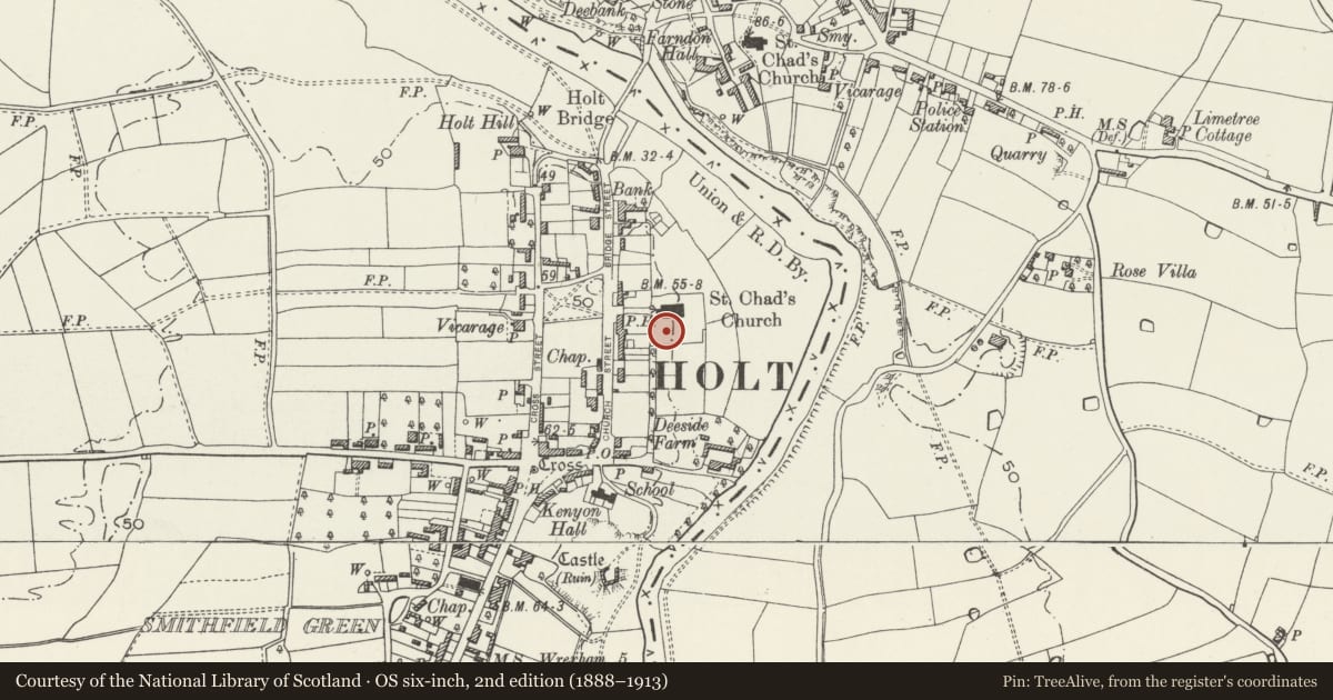 Ordnance Survey six-inch map, 2nd edition (1888–1913) covering the location of Sundial in churchyard at Parish Church of St Chad, Holt, Wrexham, with a pin at the register's coordinates