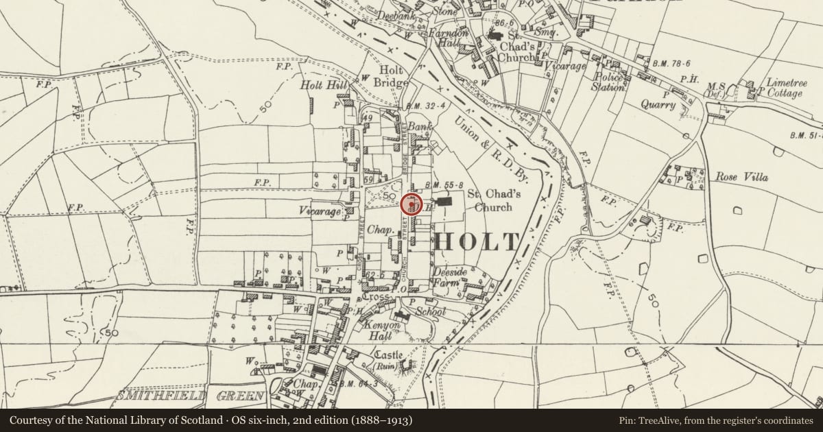 Ordnance Survey six-inch map, 2nd edition (1888–1913) covering the location of Gates, Gate-piers and Railings at W entrance to churchyard at Parish Church of St Chad, Holt, Wrexham, with a pin at the register's coordinates