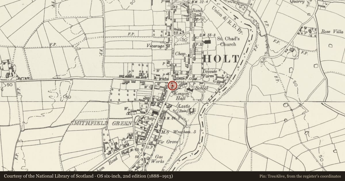 Ordnance Survey six-inch map, 2nd edition (1888–1913) covering the location of War Memorial (including railings), Holt, Wrexham, with a pin at the register's coordinates