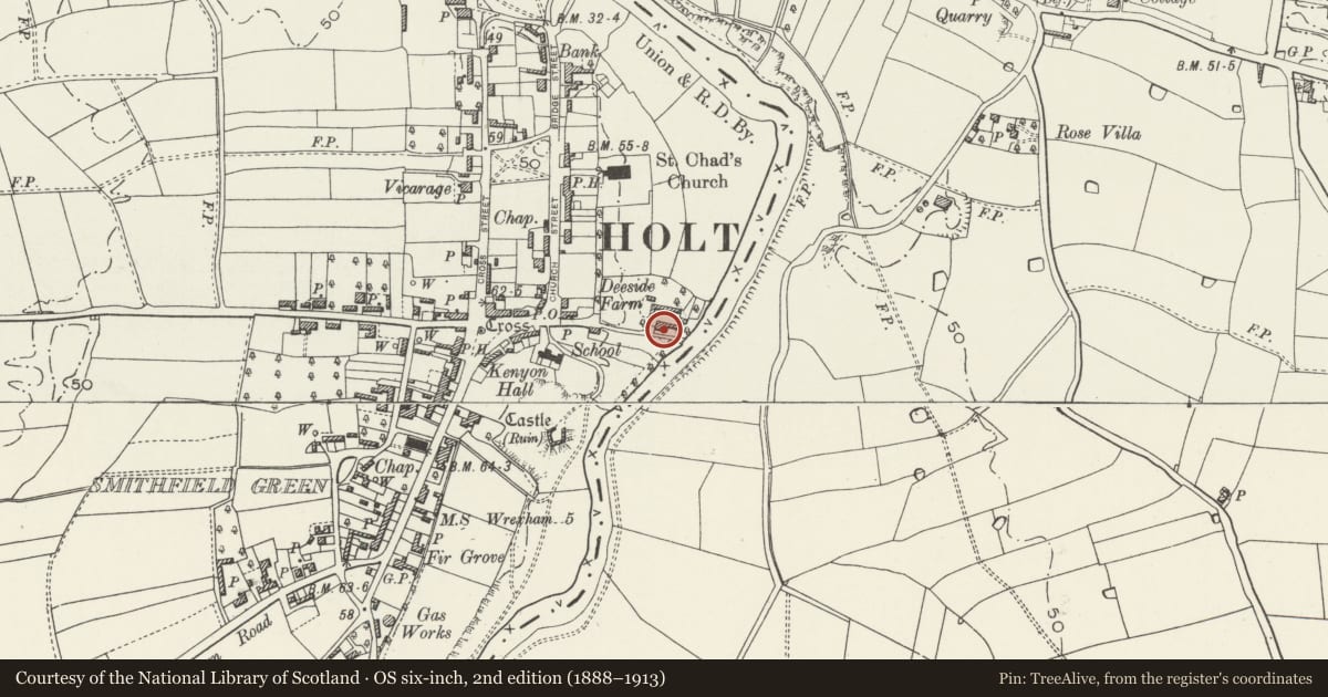 Ordnance Survey six-inch map, 2nd edition (1888–1913) covering the location of Deeside Farmhouse, Holt, Wrexham, with a pin at the register's coordinates