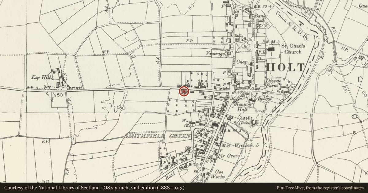 Ordnance Survey six-inch map, 2nd edition (1888–1913) covering the location of 2 Frog Lane, Holt, Wrexham, with a pin at the register's coordinates