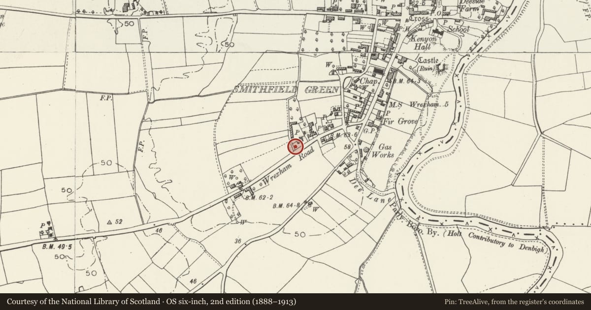 Ordnance Survey six-inch map, 2nd edition (1888–1913) covering the location of Former Wages Office at Bellis' Farm, Holt, Wrexham, with a pin at the register's coordinates