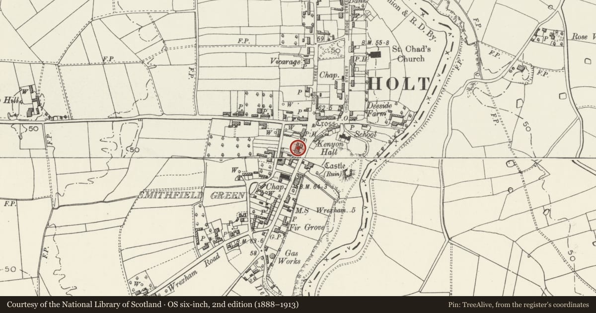 Ordnance Survey six-inch map, 2nd edition (1888–1913) covering the location of 2 Holt Hall (including the Peking Garden), Wrexham, with a pin at the register's coordinates
