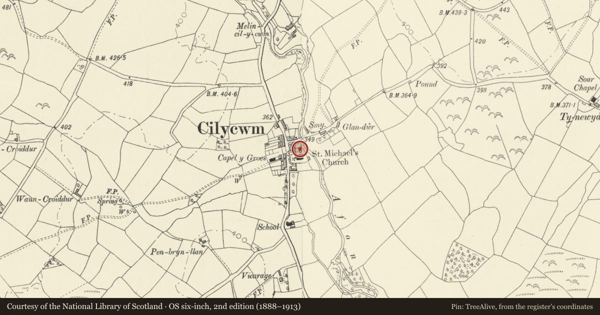 Ordnance Survey six-inch map, 2nd edition (1888–1913) covering the location of Jones monument in NE part of churchyard of parish church, Cilycwm, Carmarthenshire, with a pin at the register's coordinates