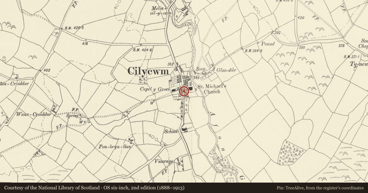 Ordnance Survey six-inch map, 2nd edition (1888–1913) covering the location of Neuadd Fawr Arms, Cilycwm, Carmarthenshire, with a pin at the register's coordinates