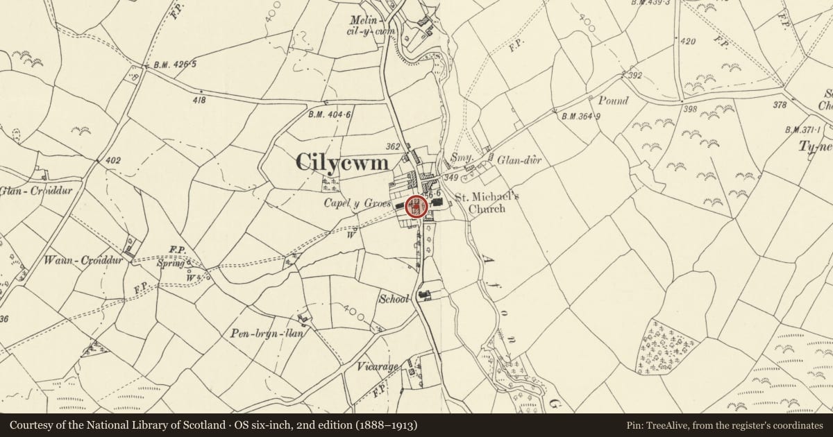 Ordnance Survey six-inch map, 2nd edition (1888–1913) covering the location of The Old Post Office, Cilycwm, Carmarthenshire, with a pin at the register's coordinates
