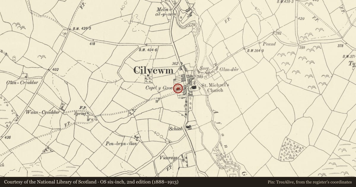 Ordnance Survey six-inch map, 2nd edition (1888–1913) covering the location of Capel Y Groes, Cilycwm, Carmarthenshire, with a pin at the register's coordinates