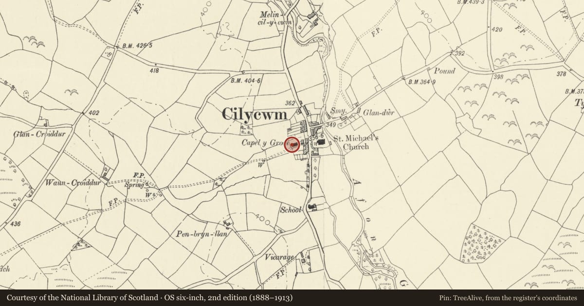 Ordnance Survey six-inch map, 2nd edition (1888–1913) covering the location of Ty Capel, Cilycwm, Carmarthenshire, with a pin at the register's coordinates