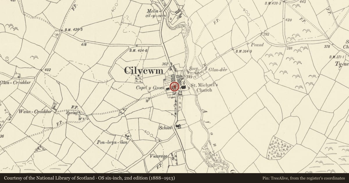 Ordnance Survey six-inch map, 2nd edition (1888–1913) covering the location of Cwm House, Cilycwm, Carmarthenshire, with a pin at the register's coordinates