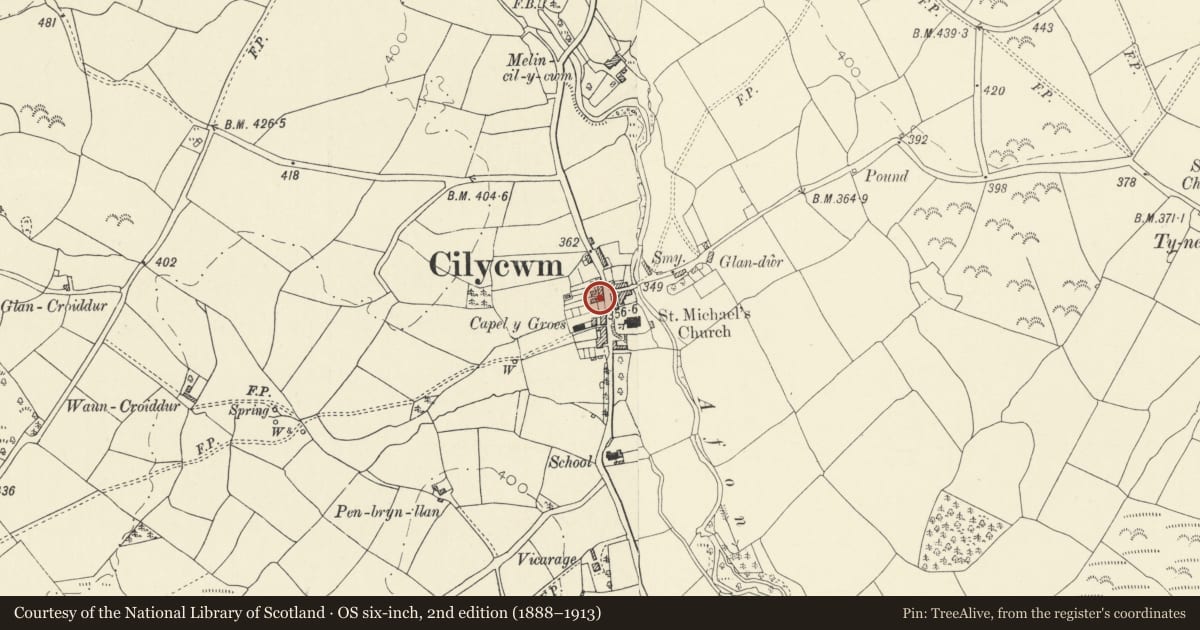 Ordnance Survey six-inch map, 2nd edition (1888–1913) covering the location of Lamb House, Cilycwm, Carmarthenshire, with a pin at the register's coordinates