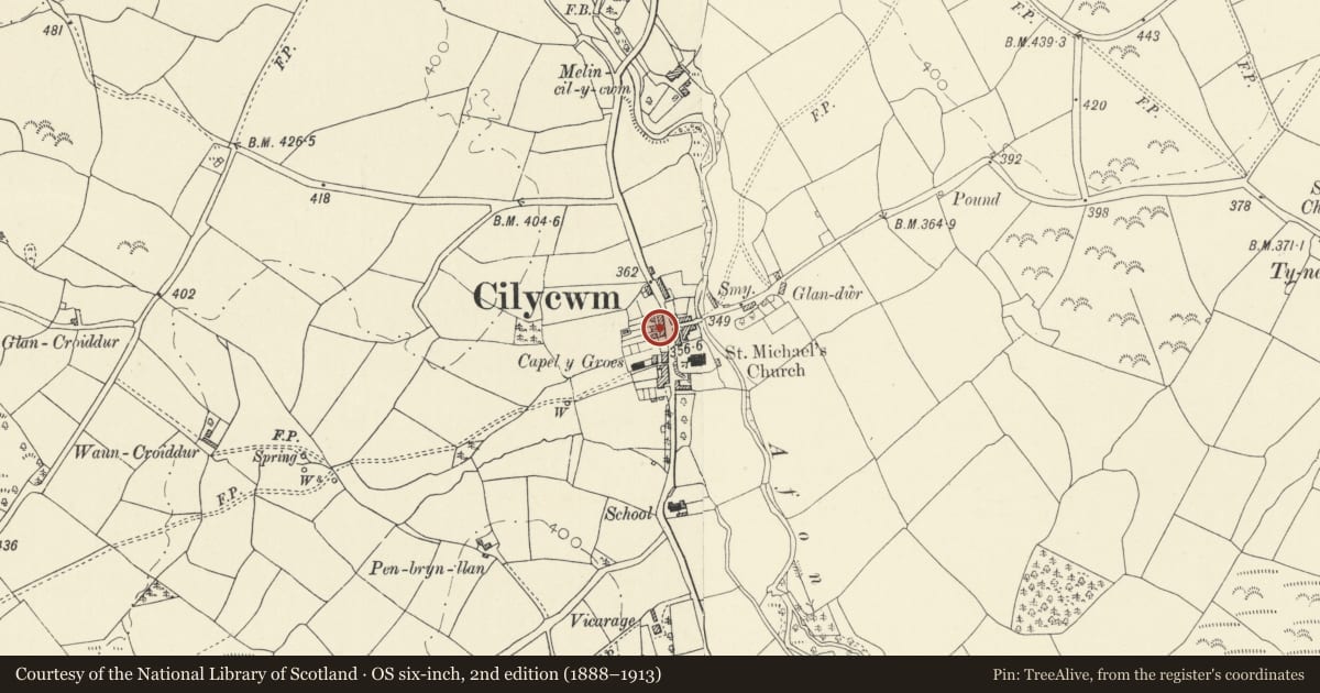 Ordnance Survey six-inch map, 2nd edition (1888–1913) covering the location of Lamb Shop, Cilycwm, Carmarthenshire, with a pin at the register's coordinates