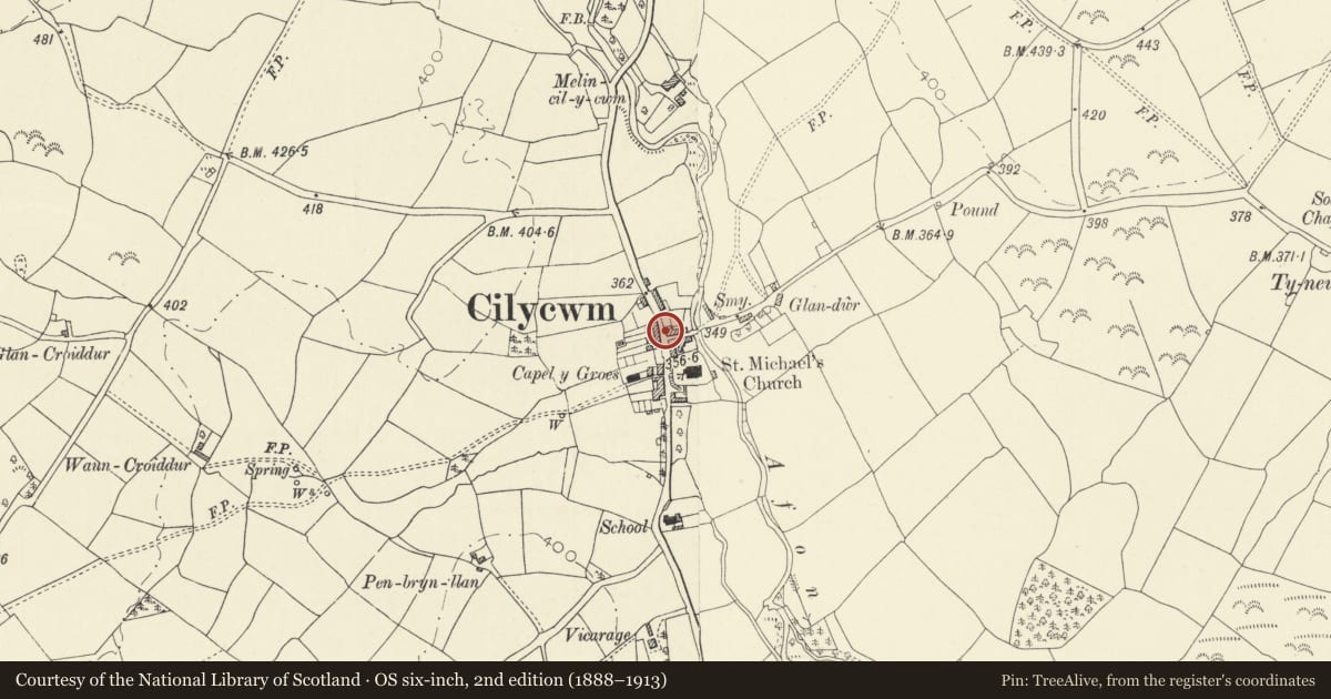 Ordnance Survey six-inch map, 2nd edition (1888–1913) covering the location of Ty Cornel, Cilycwm, Carmarthenshire, with a pin at the register's coordinates