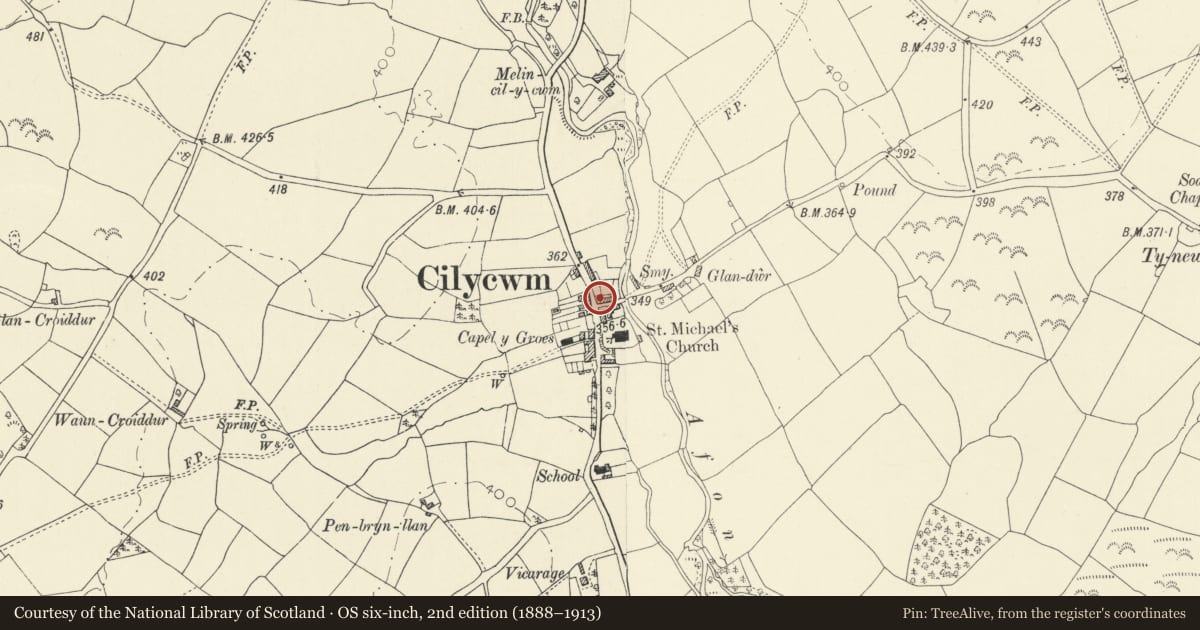 Ordnance Survey six-inch map, 2nd edition (1888–1913) covering the location of Ty Cornel, Cilycwm, Carmarthenshire, with a pin at the register's coordinates