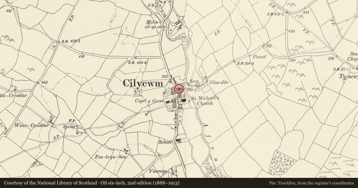 Ordnance Survey six-inch map, 2nd edition (1888–1913) covering the location of Bryngwenlais, Cilycwm, Carmarthenshire, with a pin at the register's coordinates