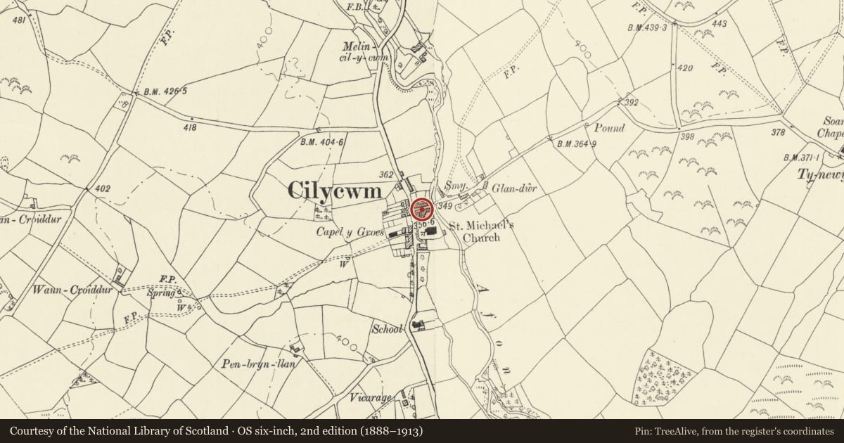 Ordnance Survey six-inch map, 2nd edition (1888–1913) covering the location of Glandwr, Cilycwm, Carmarthenshire, with a pin at the register's coordinates