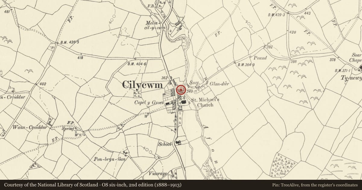 Ordnance Survey six-inch map, 2nd edition (1888–1913) covering the location of Y Bont, Cilycwm, Carmarthenshire, with a pin at the register's coordinates