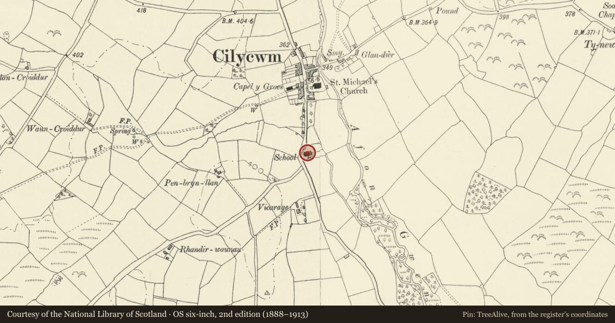 Ordnance Survey six-inch map, 2nd edition (1888–1913) covering the location of Cilycwm Primary School, Carmarthenshire, with a pin at the register's coordinates