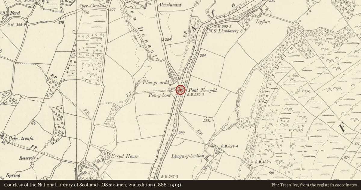 Ordnance Survey six-inch map, 2nd edition (1888–1913) covering the location of Pont Newydd, Cilycwm, Carmarthenshire, with a pin at the register's coordinates