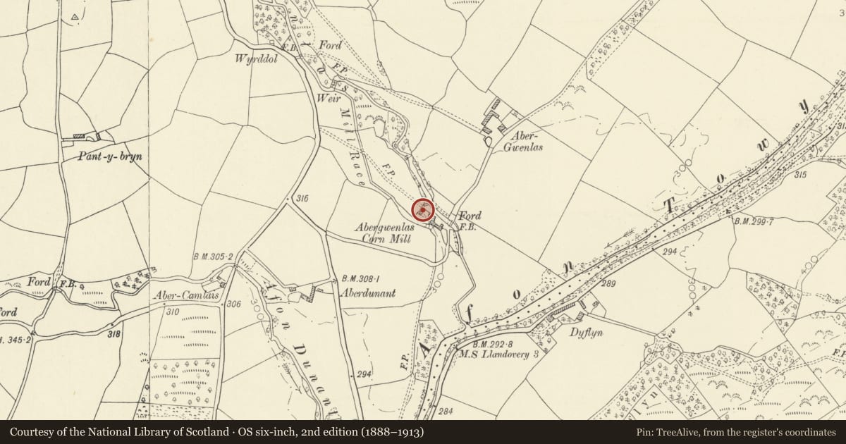 Ordnance Survey six-inch map, 2nd edition (1888–1913) covering the location of Abergwenlais House, Cilycwm, Carmarthenshire, with a pin at the register's coordinates
