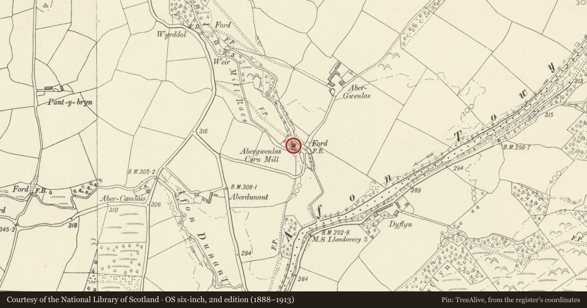 Ordnance Survey six-inch map, 2nd edition (1888–1913) covering the location of Abergwenlais outbuildings, Cilycwm, Carmarthenshire, with a pin at the register's coordinates