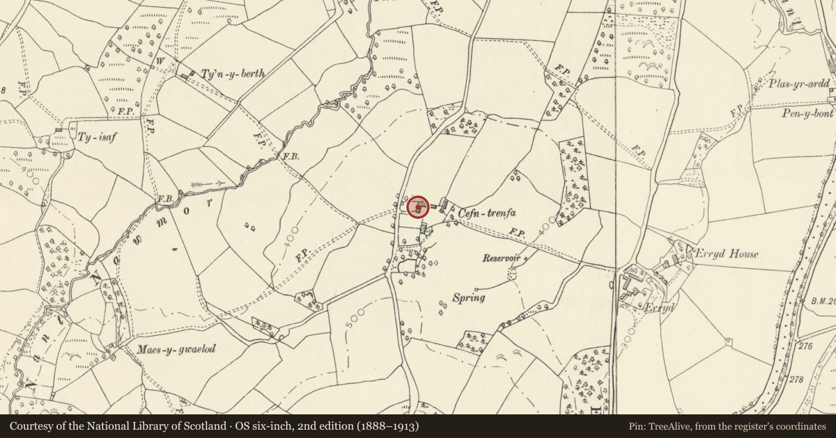 Ordnance Survey six-inch map, 2nd edition (1888–1913) covering the location of Barn to N of of Cefn Trenfa, Cilycwm, Carmarthenshire, with a pin at the register's coordinates