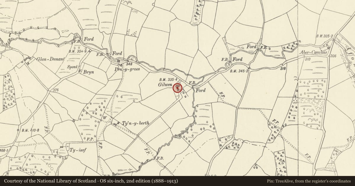 Ordnance Survey six-inch map, 2nd edition (1888–1913) covering the location of Barn at Gilwen, Cilycwm, Carmarthenshire, with a pin at the register's coordinates