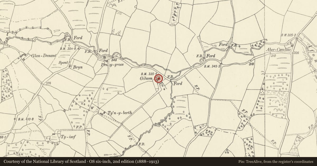 Ordnance Survey six-inch map, 2nd edition (1888–1913) covering the location of Cowhouse at Gilwen, Cilycwm, Carmarthenshire, with a pin at the register's coordinates