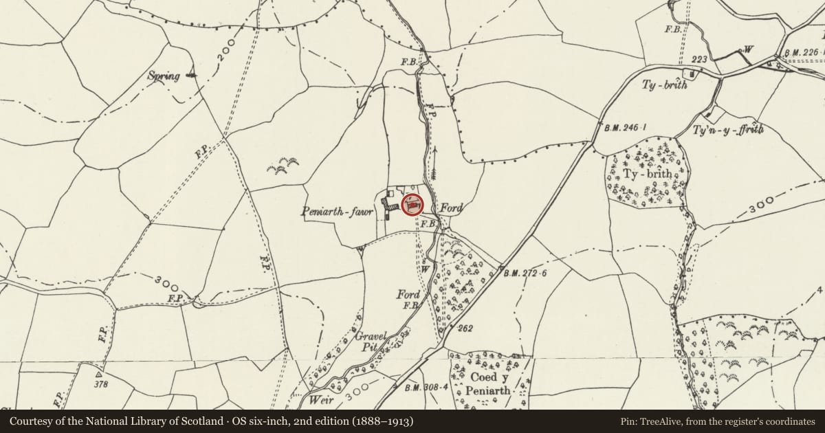 Ordnance Survey six-inch map, 2nd edition (1888–1913) covering the location of Peniarth Fawr, Betws Yn Rhos, Conwy, with a pin at the register's coordinates