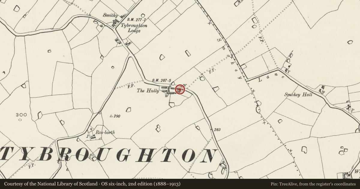 Ordnance Survey six-inch map, 2nd edition (1888–1913) covering the location of The Hully, Bronington, Wrexham, with a pin at the register's coordinates