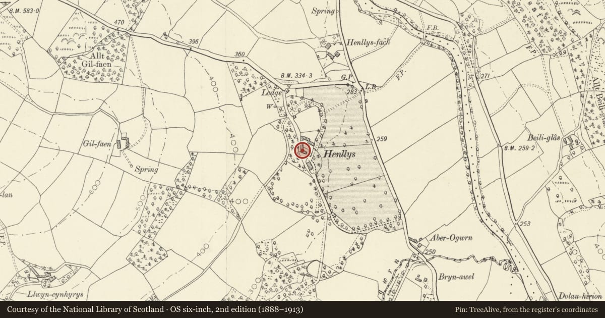 Ordnance Survey six-inch map, 2nd edition (1888–1913) covering the location of The Coach house at Henllys, Cilycwm, Carmarthenshire, with a pin at the register's coordinates